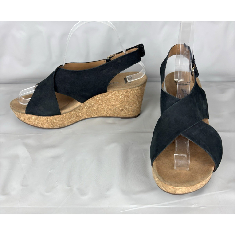 Clarks Collection Slingback Sandals Womens 9.5M Black Nubuck Wedge Soft Cushion